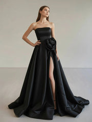 Black Strapless Satin Long Prom Dress With High Split