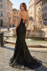 Black Sweetheart Lace Appliques Mermaid Long Prom Dresses