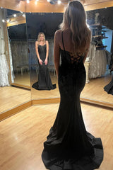 Black Spaghetti Straps Mermaid Prom Dresses With Beading