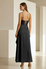 Black - Spaghetti Straps Sheath Satin High Low Prom Dresses With Ruffles