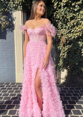 A Line Sweetheart Tiered Tulle Long Prom Dress With Slit