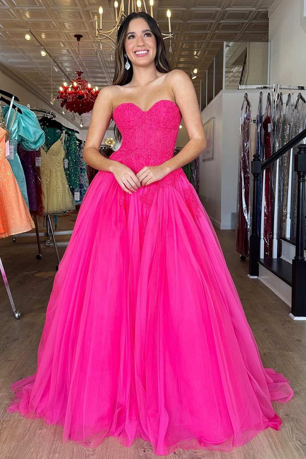 A-Line Hot Pink Tulle Lace Sweetheart Long Prom Dress