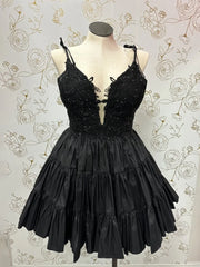Black - V Neck Satin A Line Ruffles Homecoming Dresses With Appliques