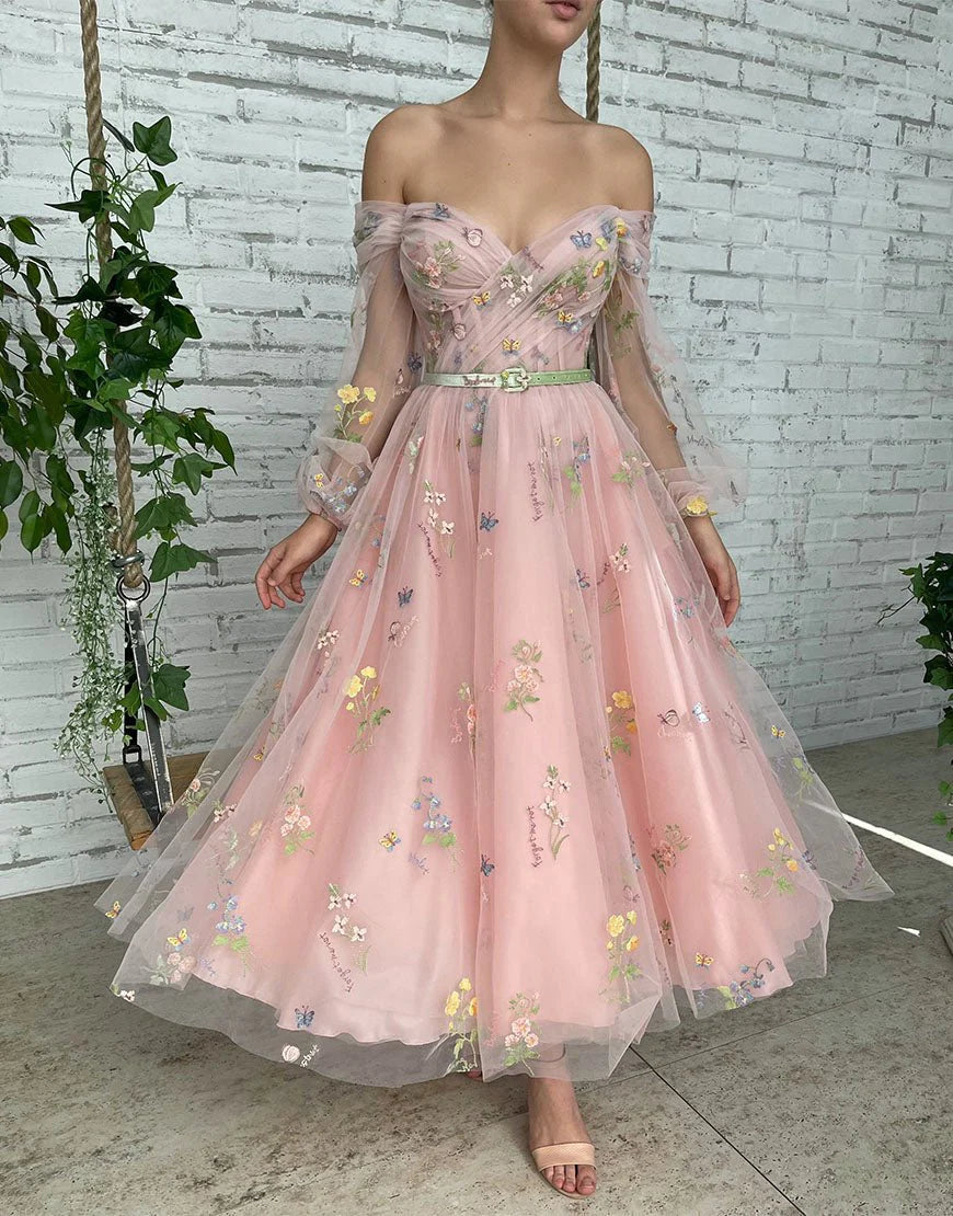 A-line Light Pink Embroidery Off the Shoulder Prom Dress