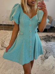 Blue - A Line V Neck Textured Tweed Homecoming Dresses with Puffed Sleeves