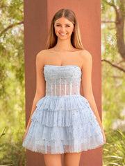 A-Line Strapless Scoop Tiered Sleeveless Short Homecoming Dress