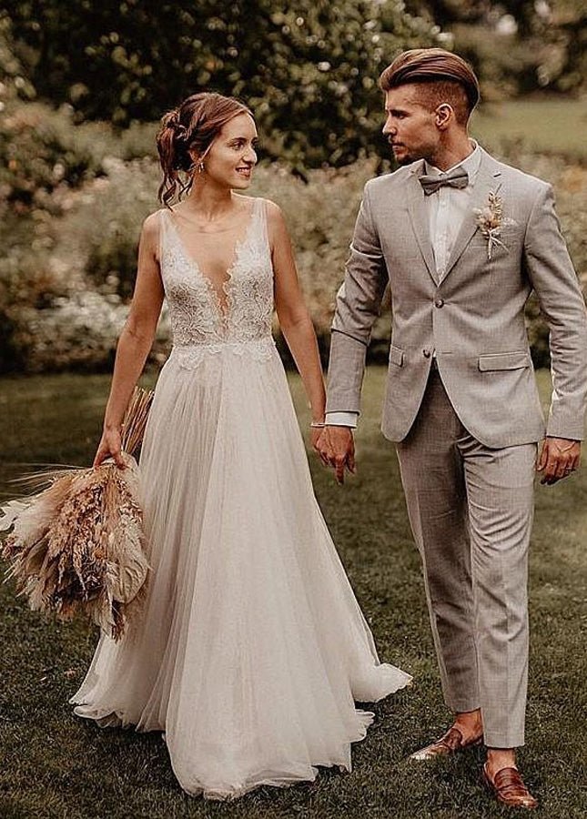 A Line V Neck Bohemian Wedding Dresses