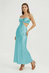 Aqua Sweetheart Sheath Satin Open Back Prom Dresses With Cutout