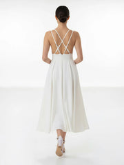 A-Line V-Neck Sleeveless Satin Knee-Length Wedding Dress