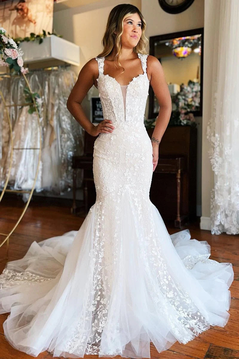 Amoura | Mermaid White Lace Sweep Train Long Wedding Dress with Appliques