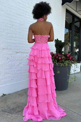 A line High Neck Tiered Chiffon Prom Dress with 3D Flower