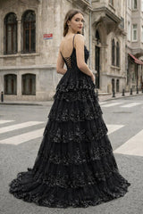 A Line Spaghetti Straps Tiered Lace Prom Dress