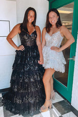 A Line Spaghetti Straps Tiered Lace Prom Dress