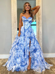 A-Line Blush Sweetheart Chiffon Floral Ruffled Prom Dress With Slit
