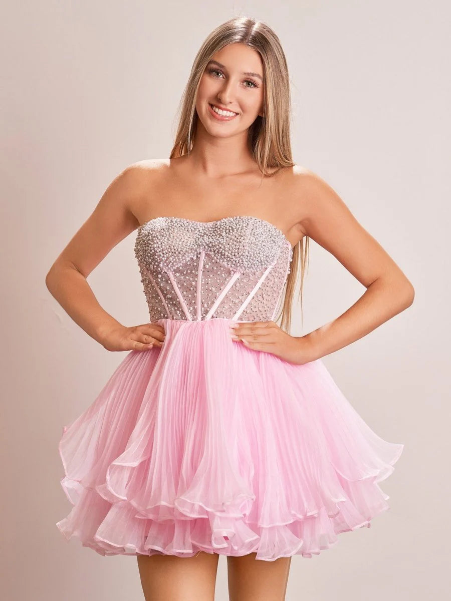 A-Line Pink Sweetheart Ruffled Short Homecoming Dress