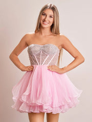 A-Line Pink Sweetheart Ruffled Short Homecoming Dress