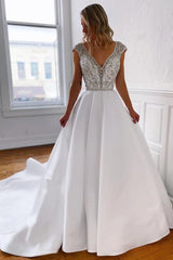 A-Line V-Neck Long White Wedding Dress with Silver Beads