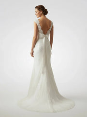 Bateau Neck Cap Sleeve Fit and Flare Lace Wedding Dress