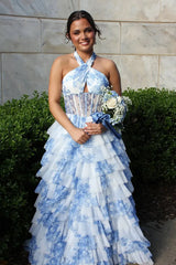 Blue Halter A Line Floral Chiffon Formal Prom Dresses With Ruffles