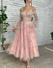 A-line Light Pink Embroidery Off the Shoulder Prom Dress