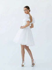 A-Line Square-Neck Short Wedding Dress With Puffy Pearls Sleeves