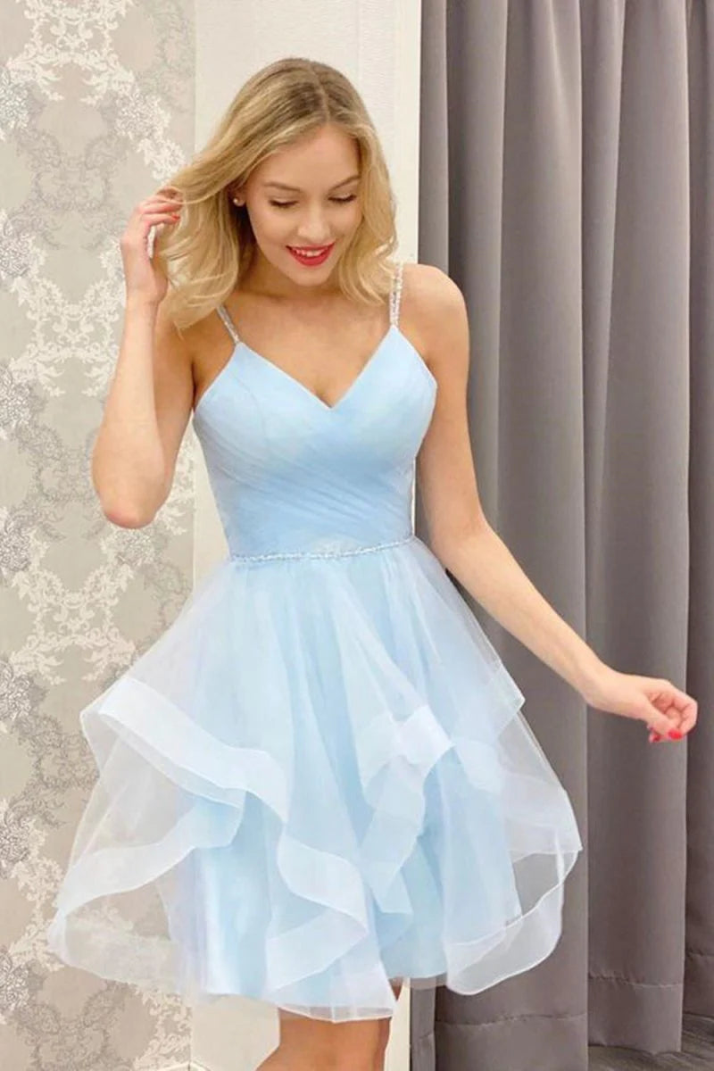 A-Line V Neck Light Blue Short Homecoming Dresses