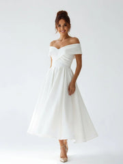 A-Line Satin Tea Length White Off the Shoulder Wedding Dress