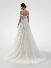 A-Line Off-The-Shoulder Tulle Wedding Dresses With Appliques Lace