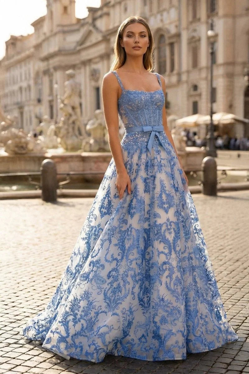 Blue A Line Square Neck Tulle Applique Long Prom Dresses with Lace Appliques