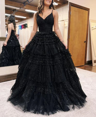 A-Line Deep Spaghetti Straps Tiered Long Glitter Tulle Prom Dress