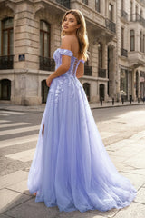 A Line Off the Shoulder Lace Tulle Prom Dress With Slit