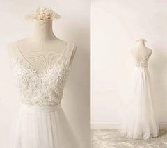A-Line Tulle Lace V Neck Wedding Dress With Sweep Train
