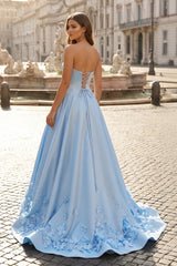 3D Flower Sky Blue Strapless A-Line Prom Dress