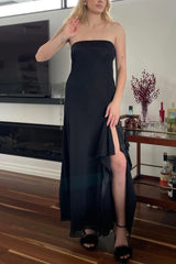 Black - Strapless Sheath Chiffon Ankle Length Prom Dress With Slit