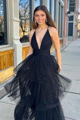 Black A-line Deep Spaghetti Straps Cross Back Tulle Multi-Layers Long Prom Dress