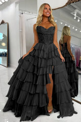 Black - Sweetheart A Line Chiffon Ruffled Prom Dresses With Appliques