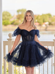A Line Sweetheart Puff Sleeves Short Homecoming Dress With Ruffles