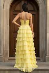 A Line Spaghetti Straps Yellow Long Prom Dress with Ruffles