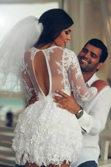 A-Line Illusion Neck Lace Applique Long Sleeves Short-Mini Wedding Dresses