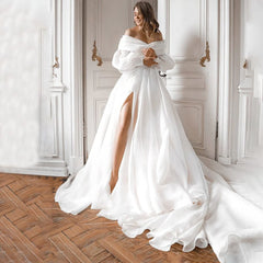A-Line Off the Shoulder White Wedding Dress with Slit