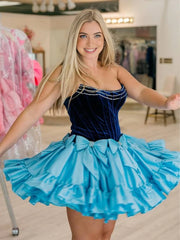 Blue - Strapless A Line Velvet Homecoming Dresses With Bow