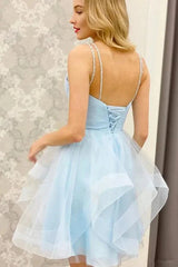 A-Line V Neck Light Blue Short Homecoming Dresses