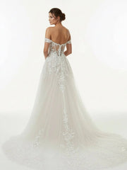 A-line Lace Beach Wedding Dress with Off Shoulder Tulle Appliques