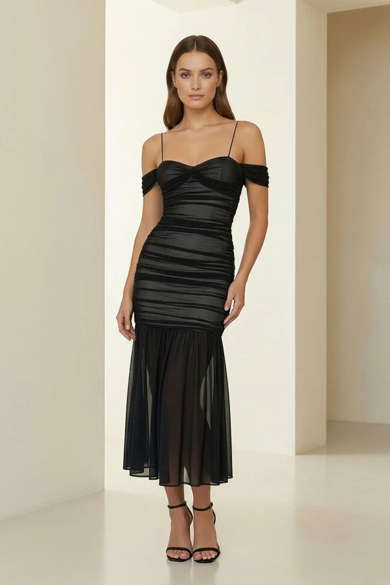 Black Spaghetti Straps Sheath Tulle Pleated Ankle Length Prom Dresses