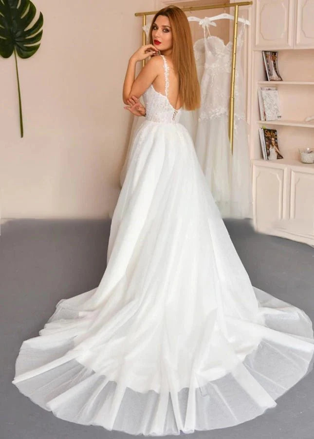 A-line Spaghetti Straps Sleeveless White Appliques Tulle Pearls Wedding Bridal Dress