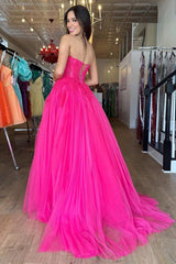 A-Line Hot Pink Tulle Lace Sweetheart Long Prom Dress