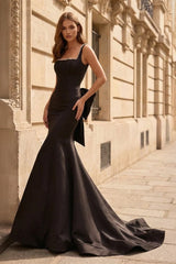 Black Square Neck Mermaid Satin Long Prom Dresses With Pearls