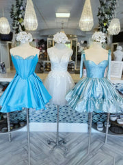 Blue - Strapless Satin A Line Short Homecoming Dress With Bow