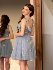 A Line Sweetheart Tulle Floral Short Homecoming Dress