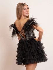 A Line Off the Shoulder Beaded Homecoming Dress with Feathers